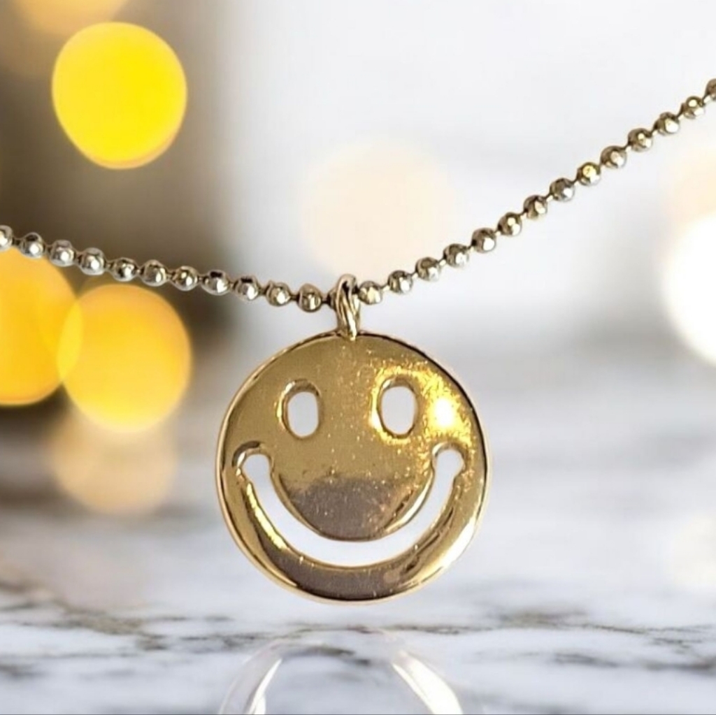 La Rocks Happy Smiley Face Emoji Necklace Yellow Gold Tone Ball Link Chain